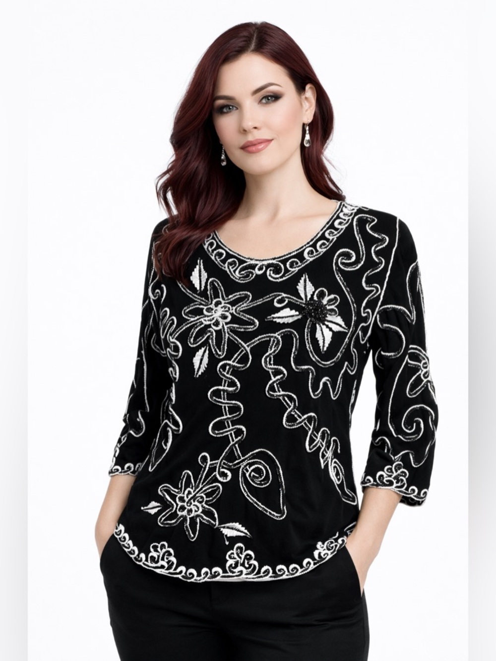 Vintage Black Top with White Embroidered Floral Design